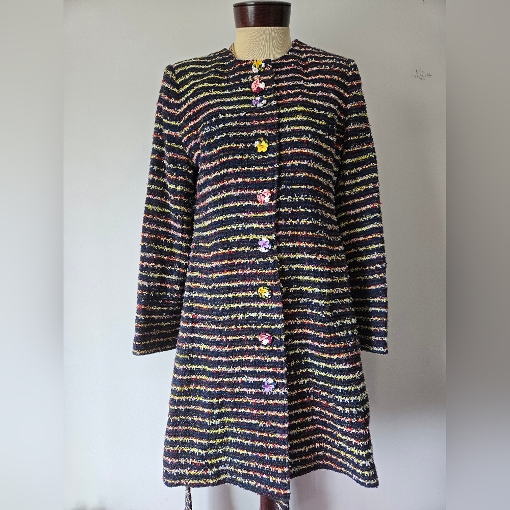Cabi Headliner Multicolor Striped Long-Sleeve Knit Jacket With Floral Buttons. - Picture 9 of 15